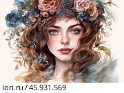 A young girl with soft facial features, a delicate blush and a deep, expressive look. Her eyes are light blue, with a slight shine, which adds mystery and sophistication to the image. The girl's hair is wavy, a warm chestnut shade, softly framing her face, falling in loose strands.Particular attention is drawn to the wreath on her head, consisting of large roses, lush blue and small wildflowers, complemented by green foliage. The wreath harmoniously matches her natural and feminine image, emphasizing natural beauty and romance. The color scheme of the image is made in delicate watercolor tones: blue, pink, green and beige, which creates a light, airy atmosphere. The background is slightly blurred, with plant motifs that give the composition completeness and harmony. Стоковое AI-изображение, AI-художник Анна Кривицкая / Фотобанк Лори