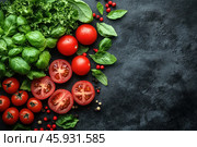 Fresh vegetables and herbs laid out on a dark textured surface that highlights the brightness and richness of their colors. On the left side of the photo, lush green lettuce and basil leaves with a glossy surface are visible. Large ripe tomatoes and cherry tomatoes are placed nearby, some of which are cut to show their juicy flesh with a bright red hue. Small red and black peppers are scattered between the vegetables, adding piquancy and accent to the composition.The image is distinguished by the harmony of natural colors: the rich green shades of the leaves combine with the red color of the tomatoes, creating a contrast and a feeling of freshness. Such a composition is ideal for culinary blogs, recipes, or advertising healthy eating. Стоковое AI-изображение, AI-художник Анна Кривицкая / Фотобанк Лори