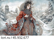 A woman dressed in an exquisite winter dress in the style of Russian traditional costumes. Her dress is a rich red color, decorated with a complex pattern with silver and gray patterns that smoothly turn into ornate lines that weave into the surrounding background. There is a winter atmosphere around, with falling snowflakes, snow-covered trees and architectural elements reminiscent of ancient churches and towers.The woman is depicted in profile, with a slight sadness on her face. Her hair flutters in the wind, creating a sense of dynamics. The background is made in cold tones: white, gray and blue, which emphasizes the winter coldness and contrasts with the warm shade of her outfit. The overall composition of the painting creates a sense of fairytale and grandeur, immersing the viewer in a world of fantasy. Стоковое AI-изображение, AI-художник Анна Кривицкая / Фотобанк Лори