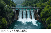 A dam located in a picturesque area surrounded by dense forest. The structure consists of several locks through which water flows rapidly, forming powerful streams and foam at the base. Behind the dam, a calm lake with crystal clear turquoise water is visible. The surrounding nature is represented by tall trees covering the hillsides, creating a sense of harmony between man and nature. The lighting is natural, soft, which emphasizes the rich colors of the water and greenery. DamHydroelectric power station. Стоковое AI-изображение, AI-художник Анна Кривицкая / Фотобанк Лори