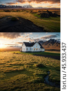 Landscape of Icelandic countryside with typical view of turf-top white house at sunset sky. Scenery of dramatic summer sunrise in Iceland or Norway, traveling. Severe north concept. Copy ad text space. Стоковое AI-изображение, AI-художник Aleksandr Golubev / Фотобанк Лори