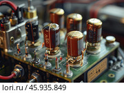 Close up of circuit board with capacitors resistors and diodes. Стоковое AI-изображение, AI-художник Иван Рябоконь / Фотобанк Лори