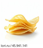 Stack of crunchy potato chips on white background. Стоковое AI-изображение, AI-художник Иван Рябоконь / Фотобанк Лори