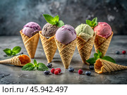 Sweet dessert. Ice cream cones with different flavors on a concrete gray background. World Ice Cream Day. Стоковое AI-изображение, AI-художник Photojuli / Фотобанк Лори