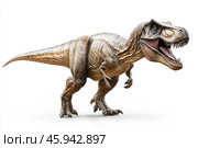 A detailed tyrannosaurus rex on a white background. Its powerful body is covered in textured, scaly skin with shades of brown and gray, which emphasizes its massiveness and antiquity. The head is large, with an open mouth, revealing sharp teeth designed to tear prey. The eyes of the predator have a yellow tint and a piercing gaze, creating a sense of strength and menace. The front legs of the tyrannosaurus are short, but with sharp claws, and the hind limbs are powerful, with large claws capable of supporting its weight. The tail is long and strong, serving for balance. The overall composition emphasizes the predatory nature of this ancient creature and its dominant role in the Mesozoic ecosystem. Стоковое AI-изображение, AI-художник Анна Кривицкая / Фотобанк Лори