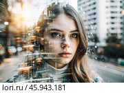 Portrait of a young woman. Conceptual artistic close-up image against the background of a city with double exposure and visual effects. An advertising move. Стоковое AI-изображение, AI-художник Photojuli / Фотобанк Лори