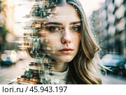 Portrait of a young woman. Conceptual artistic close-up image against the background of a city with double exposure and visual effects. An advertising move. Стоковое AI-изображение, AI-художник Photojuli / Фотобанк Лори