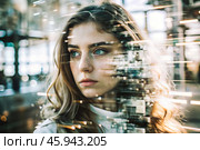 Portrait of a young woman. Conceptual artistic close-up image against the background of a city with double exposure and visual effects. An advertising move. Стоковое AI-изображение, AI-художник Photojuli / Фотобанк Лори
