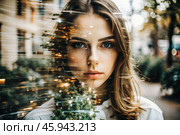 Portrait of a young woman. Conceptual artistic close-up image against the background of a city with double exposure and visual effects. An advertising move. Стоковое AI-изображение, AI-художник Photojuli / Фотобанк Лори