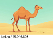 One-humped camel stands on desert sand. Arid Terrain. AI Generative. Стоковое AI-изображение, AI-художник Spirit River / Фотобанк Лори