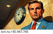 A man in a classic blue suit with a red tie. He has expressive facial features: thick hair, a determined look with blue eyes. A gold badge is pinned to the lapel of his jacket. Behind him is a wall-mounted round analog clock with a white dial and black hands. The clock shows around 10:10. The background is made in the form of yellow-brown tiles, creating a retro atmosphere. The lighting is soft, with an emphasis on the man's face, which emphasizes his seriousness and confidence. Стоковое AI-изображение, AI-художник Анна Кривицкая / Фотобанк Лори