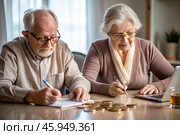 Pension. Saving money. Savings. An elderly couple calculates their savings. Financial literacy. Стоковое AI-изображение, AI-художник Photojuli / Фотобанк Лори