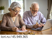 Pension. Saving money. Savings. An elderly couple calculates their savings. Financial literacy. Стоковое AI-изображение, AI-художник Photojuli / Фотобанк Лори