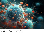 Cancer cell being attacked by nanobots delivering targeted therapy. Стоковое AI-изображение, AI-художник Иван Рябоконь / Фотобанк Лори