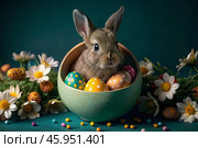 A holiday banner. A cute Easter bunny is peeking out of an Easter egg, and colorful eggs are scattered around. The concept of happy Easter. Стоковое AI-изображение, AI-художник Photojuli / Фотобанк Лори
