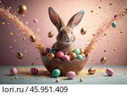 A holiday banner. A cute Easter bunny is peeking out of an Easter egg, and colorful eggs are scattered around. The concept of happy Easter. Стоковое AI-изображение, AI-художник Photojuli / Фотобанк Лори