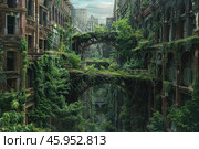 Lush vegetation reclaiming abandoned city in post apocalyptic setting. Стоковое AI-изображение, AI-художник Иван Рябоконь / Фотобанк Лори