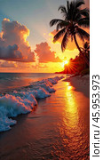 A red sunset on the paradisiacal ocean coast with tropical palm trees and waves of surf. Banner for a travel agency, burning tour, a vacation tour in hotel. AI generated. Стоковое AI-изображение, AI-художник Ольга Симонова / Фотобанк Лори