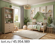 Modern interior design of a children's room with a crib, furniture, toys and personal accessories for a poster. Home decor. Pattern. Стоковое AI-изображение, AI-художник Photojuli / Фотобанк Лори