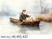 Дедушка Мазай и зайцы. Акварельная иллюстрация к стихотворению Н.А. Некрасова. Стоковое AI-изображение, AI-художник Щеголева Ольга / Фотобанк Лори