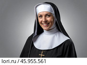 Portrait of a smiling nun wearing a costume, isolated on transparent background. Стоковое AI-изображение, AI-художник Александр Поташев / Фотобанк Лори