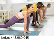 Young female teacher working out surya namaskar with multinational students group. Стоковое фото, фотограф Яков Филимонов / Фотобанк Лори