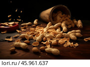 Peanuts falling from wooden container onto table. Стоковое AI-изображение, AI-художник Иван Рябоконь / Фотобанк Лори