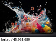 Plastic waste and microplastics creating environmental pollution with water splash. Стоковое AI-изображение, AI-художник Иван Рябоконь / Фотобанк Лори