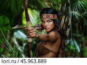 Amazon, Young female archer in jungle. Стоковое AI-изображение, AI-художник Михаил Коханчиков / Фотобанк Лори