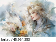 A tender and romantic scene with a young woman depicted in pastel colors. She has light hair, styled in soft waves, decorated with flowers and light decorative elements. Her face has refined features, with a soft blush on her cheeks and a calm, dreamy look. The woman is dressed in light clothes, emphasizing her grace.Next to her are white birds with delicate feathers, which look light and airy. The birds are positioned in such a way that they create a composition that harmonizes with the woman, adding a sense of freedom and natural beauty. In the foreground, flowers are visible in bright, but not flashy shades: blue, yellow, orange, which gives the scene vivacity and emphasizes natural harmony. The background is blurred, made in a watercolor manner with the use of blue and white shades, emphasizing the airiness and lightness of the composition. Стоковое AI-изображение, AI-художник Анна Кривицкая / Фотобанк Лори