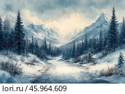 A winter landscape with a picturesque mountain valley. In the foreground, a snow-covered road is visible, winding between coniferous trees covered with snow. On both sides of the road grow fir trees and bushes, their branches buried in snow-white snow. In the background, majestic mountains rise, their peaks hidden by light fog and clouds. Snow falls in small flakes, giving the scene an atmosphere of calm and freshness. The sky is light gray with flashes of warm light, hinting at early morning or sunset. The landscape conveys a feeling of silence, coldness and peace, characteristic of the winter season. Стоковое AI-изображение, AI-художник Анна Кривицкая / Фотобанк Лори