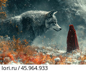 Fairy tale scene: a huge gray wolf and a character in a red robe (possibly Little Red Riding Hood) stand facing each other in a snowy forest. The wolf looks realistic, with thick, shimmering fur with drops of snow visible on it. His gaze is alert and focused, looking directly at the small figure of the man. The wolf's size is exaggerated, which creates a sense of grandeur and power.The man in the red robe stands with his back to the viewer. The bright red of her clothing stands out against the cool tones of the surrounding environment. Snow lies on the ground, mixed with dry autumn leaves and shrubs, adding a contrast between the warmth of the red and the cold winter landscape.The background is done in soft gray-blue tones, with a hint of mystery and enigma. The winter atmosphere is conveyed through light snowfall, creating movement in the scene. The entire image has a cinematic look, like a frame from a fantasy film. Стоковое AI-изображение, AI-художник Анна Кривицкая / Фотобанк Лори