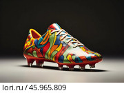 Colorful soccer cleat standing on gray surface with dark background. Стоковое AI-изображение, AI-художник Иван Рябоконь / Фотобанк Лори