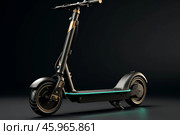 Modern electric scooter standing out against a dark background. Стоковое AI-изображение, AI-художник Иван Рябоконь / Фотобанк Лори