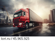 Red truck delivering goods on wet highway near city during sunset. Стоковое AI-изображение, AI-художник Иван Рябоконь / Фотобанк Лори