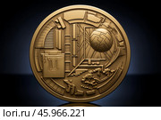 Golden commemorative coin celebrating urban architecture and cultural heritage. Стоковое AI-изображение, AI-художник Иван Рябоконь / Фотобанк Лори