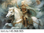 An epic scene, done in a watercolor style, depicting a figure in knightly armor riding a white horse. The hero is clad in heavy armor with exquisite ornamentation and decorations, with a long cloak fluttering down his back. He holds a spear in his hands, ready for battle. His hair and cloak flutter in the wind, creating a dynamic sense of movement. The horse is also racing, its muscles tense. An exciting atmosphere is created around them, with swirls and clouds reinforcing the sense of strength and determination. Стоковое AI-изображение, AI-художник Анна Кривицкая / Фотобанк Лори