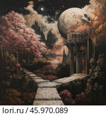 A fantastic landscape that combines elements of mysticism and romance. In the foreground, you can see a winding stone path that leads to a majestic structure with arched architecture and a massive door decorated with an intricate pattern. On the sides of the path grow pink trees, their delicate flowers contrasting with the gloomy surroundings. In the distance, a water surface stretches out, reflecting the sky, and rocky peaks rise up, creating dramatic depth.The background is dominated by a huge moon or planet, illuminating the night sky, which is also decorated with mysterious clouds and stars. This gives the scene an otherworldly atmosphere. The overall color scheme combines dark and earthy tones with bright pink accents, creating a mysterious and at the same time attractive picture. Стоковое AI-изображение, AI-художник Анна Кривицкая / Фотобанк Лори