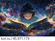 Маленькая девочка, погруженная в увлекательную книгу, излучает поток ярких форм и цветов, символизируя творческую силу образования. Стоковое AI-изображение, AI-художник Ярославский Максим / Фотобанк Лори