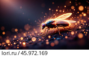A fly is walking on a dark surface with a bright light shining on it. Стоковое AI-изображение, AI-художник Виктория Кольцова / Фотобанк Лори