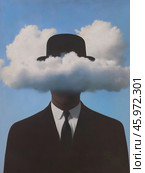 A surreal scene of a man in a classic black suit, white shirt and black tie, whose face is hidden behind a cloud. His head is crowned with a black bowler hat, which matches the rest of his clothes. The background of the painting is a clear blue sky with white clouds, creating a sense of space and freedom. This image symbolizes abstraction, mystery and loss of identity. The painting conveys a sense of play between the real and the illusory, emphasizing the contrast between the strict form of the man and the ephemerality of the cloud. Стоковое AI-изображение, AI-художник Анна Кривицкая / Фотобанк Лори