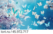 Beautiful bright summer spring background for bloggers or advertising with flying butterflies and fragrant flowers. Стоковое AI-видео, аниматор ALLA YURTAYEVA / Фотобанк Лори
