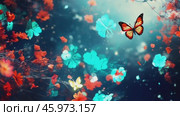 Beautiful bright summer spring background for bloggers or advertising with flying butterflies and fragrant flowers. Стоковое AI-видео, аниматор ALLA YURTAYEVA / Фотобанк Лори