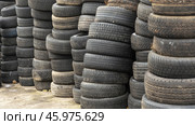 Storage of discarded old car tires outdoors, showcasing a pile of used tires ready for recycling. Highlighting environmental concerns and rubber waste management. Стоковое фото, фотограф Ivan Murauyou / Фотобанк Лори