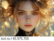 A close-up of a girl with delicate facial features. She has fair skin with freckles, expressive golden-brown eyes and full lips of a natural shade. Her light brown hair is slightly disheveled and shimmers with golden highlights in the sun, creating a warm glow effect. The girl is dressed in a black lace dress or collar, adding elegance and sophistication to the image. The background is soft and blurred, focusing attention on the face, and golden spots of light create an atmosphere of magic and fairytale. Стоковое AI-изображение, AI-художник Анна Кривицкая / Фотобанк Лори
