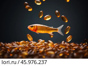 Goldfish swimming near fish oil capsules rich in omega 3 fatty acids. Стоковое AI-изображение, AI-художник Иван Рябоконь / Фотобанк Лори