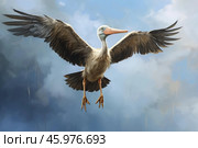 Majestic shoebill flying in cloudy sky with rain. Стоковое AI-изображение, AI-художник Иван Рябоконь / Фотобанк Лори