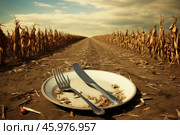 Empty plate lying on dry soil in cornfield symbolizing hunger and famine. Стоковое AI-изображение, AI-художник Иван Рябоконь / Фотобанк Лори