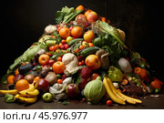 Large pile of rotting fruits and vegetables illustrating food waste. Стоковое AI-изображение, AI-художник Иван Рябоконь / Фотобанк Лори
