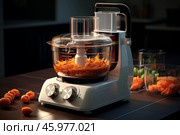 Food processor grating carrots on kitchen counter with vegetables nearby. Стоковое AI-изображение, AI-художник Иван Рябоконь / Фотобанк Лори